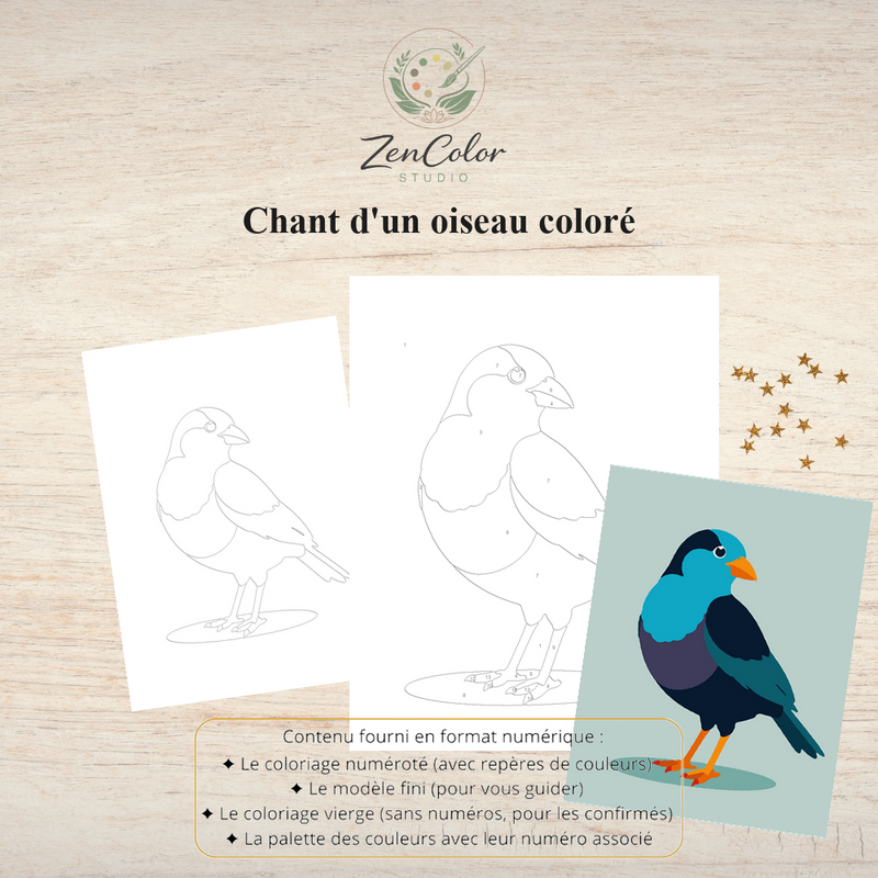 Oiseau coloré en chant – Coloriage numéroté à imprimer PDF