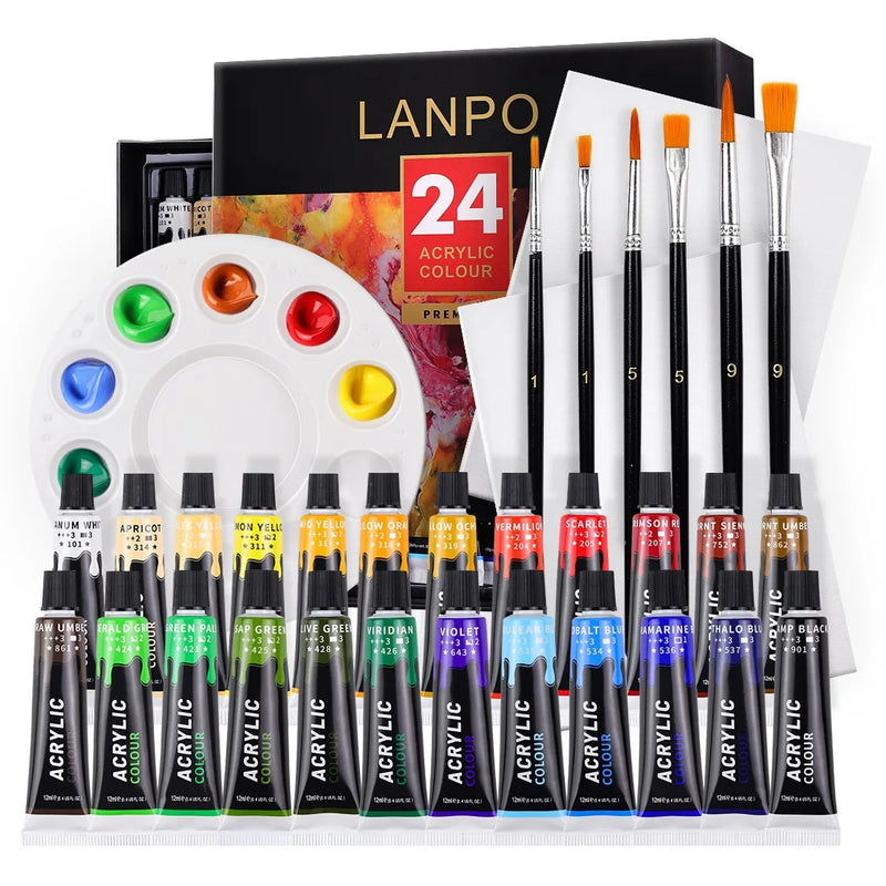 Set de Peintures Acryliques 12/24 Couleurs avec Pinceaux