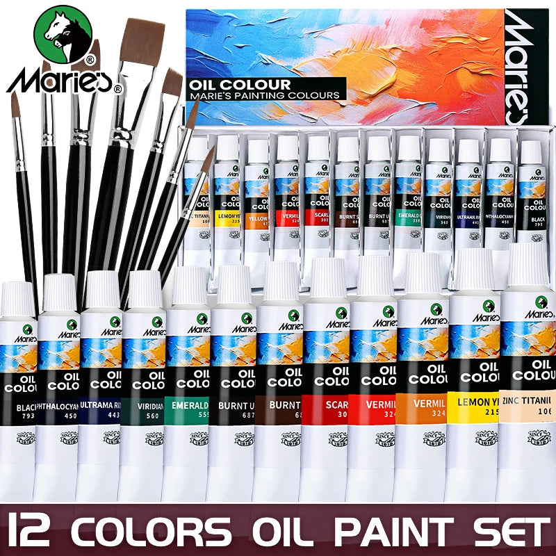 Kit de Peinture à l’Huile 19 Pièces – 12 Couleurs + 7 Pinceaux, Tubes 12 ml, Set Artistique Complet
