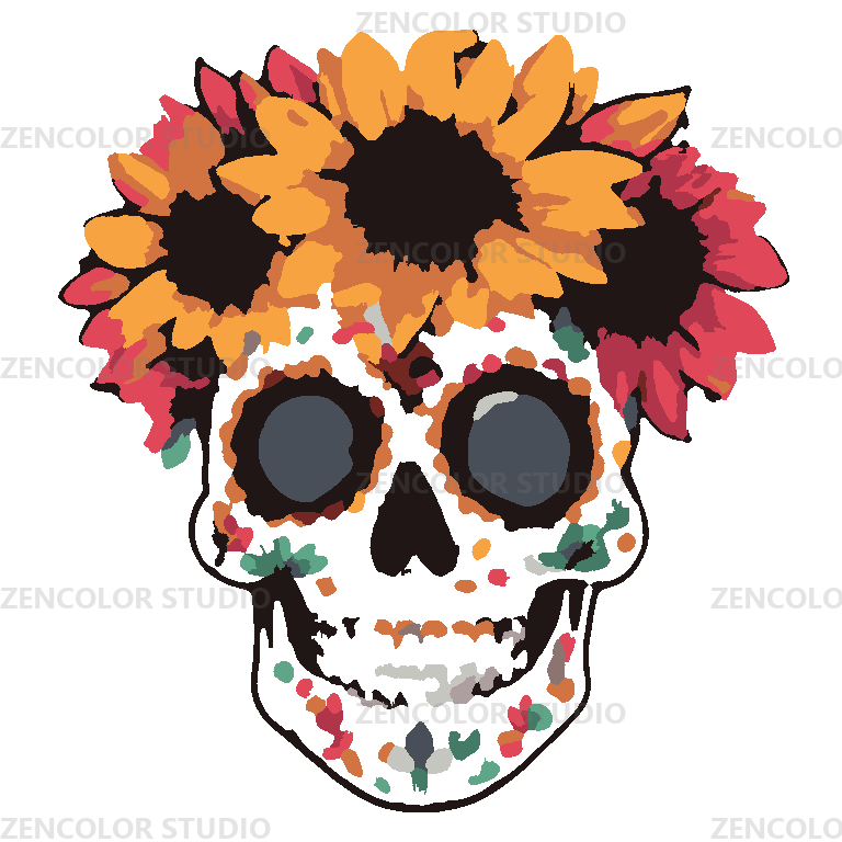 Tournesols et crâne fleuri