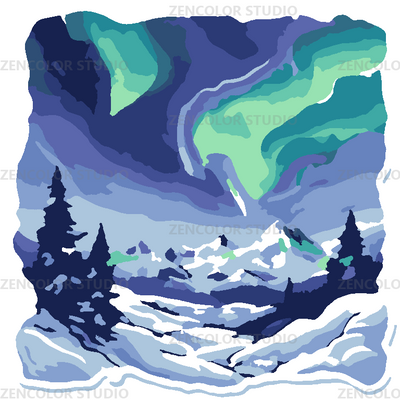 Aurores boréales sur la montagne enneigée
